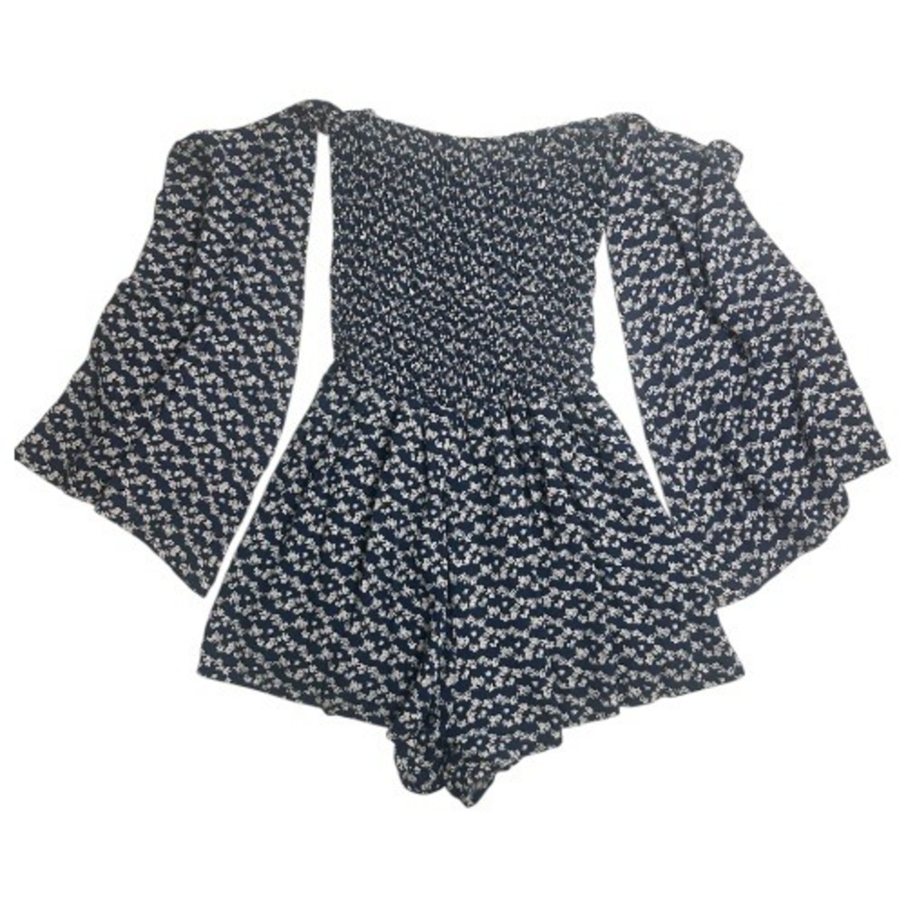 Sage Navy Floral Off Shoulder Romper Small Smocked Bodice Bell Sleeves